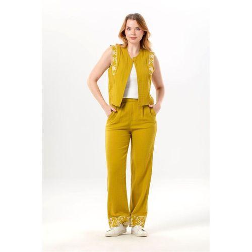 Nirvana Beli Lastikli Müslin Yandan Çift Cepli Nakışlı Pantolon Yağ Yeşili Ygysl