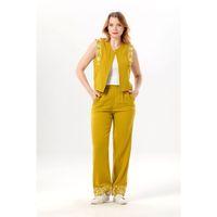 Nirvana Beli Lastikli Müslin Yandan Çift Cepli Nakışlı Pantolon Yağ Yeşili Ygysl