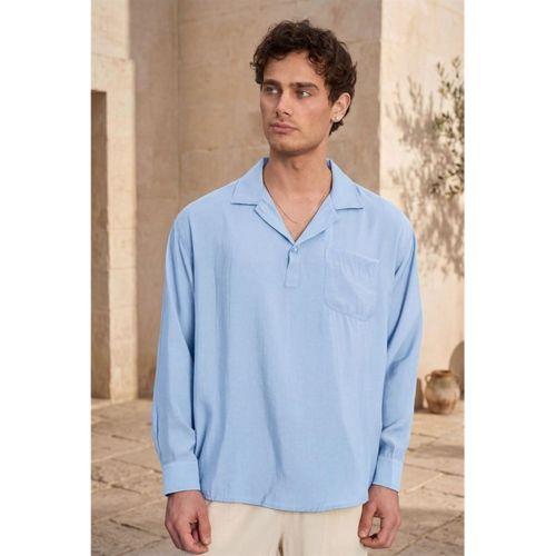 Sartre Apaş Yaka Tek Cepli İnce Modal Kumaş Oversize Uzun Kollu Yazlık Gömlek - Soğuk Mavi