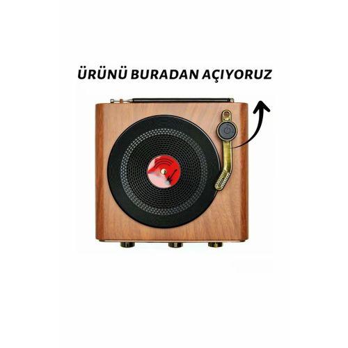 Nostaljik Tasarım Plak Çalar Görünümlü Radyolu Bluetooth Hoparlör Retro Müzik Plak Açık Kahverengi