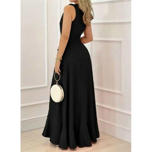 Kadın Askılı Kruvaze Yakalı önü Volanlı Uzun Krep Elbise