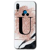 Huawei P20 Lite Kılıf HD Desen Baskılı Arka Kapak - Pembe Mermer Desenli Ü Harfi + Kırılmaz Cam