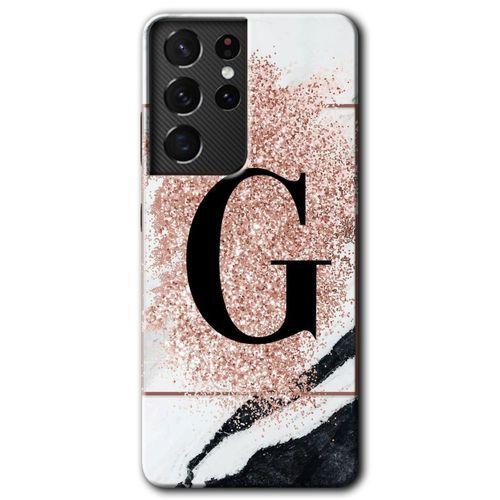 Samsung Galaxy S21 Ultra Kılıf HD Desen Baskılı Arka Kapak + Temperli Cam - Pembe Mermer Desenli G Harfi