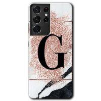 Samsung Galaxy S21 Ultra Kılıf HD Desen Baskılı Arka Kapak + Temperli Cam - Pembe Mermer Desenli G Harfi