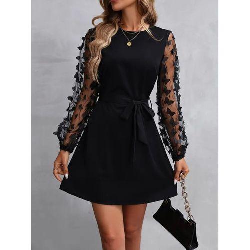 Kadın Uzun Kollu Bisiklet Yaka Kollar Tül Kelebek Detaylı Ithal Krep Elbise