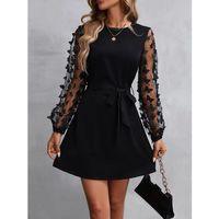 Kadın Uzun Kollu Bisiklet Yaka Kollar Tül Kelebek Detaylı Ithal Krep Elbise