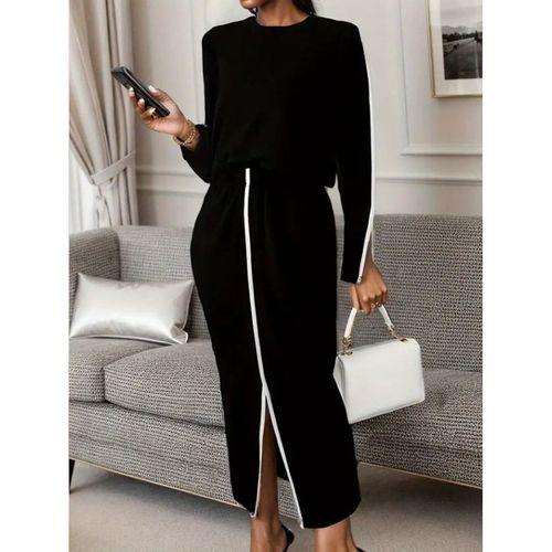 Kadın Uzun Kollu Bisiklet Yaka Kaşkorse Bluz Ve Yırtmaçlı Etek Ikili Takım