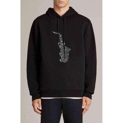 Saksafon Baskılı Siyah Erkek Kapşonlu Sweatshirt