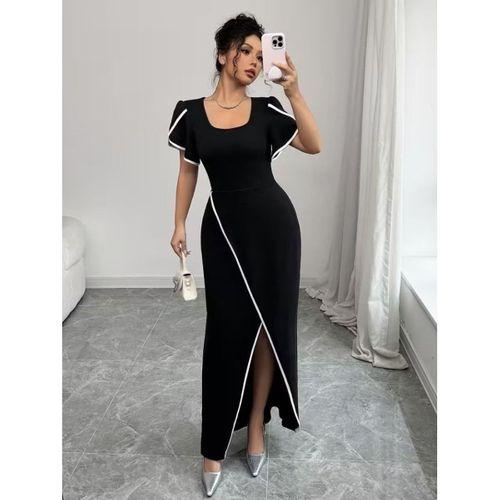 Kadın Kısa Kollu Kare Yakalı önden çapraz Kesim Detaylı Krep Elbise