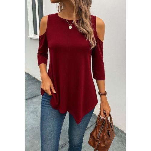 Kadın Omuzlardan Açık Sıfır Yaka Asimetrik Kesim Detay Viskon Bluz