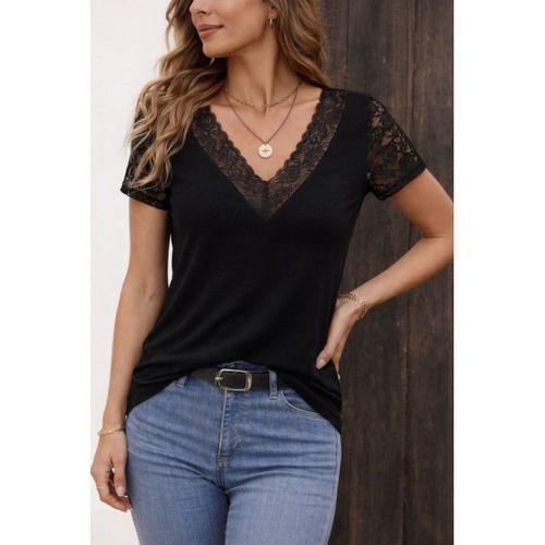 Kadın Kısa Kollu V Yakalı Dantelli Viskon Bluz