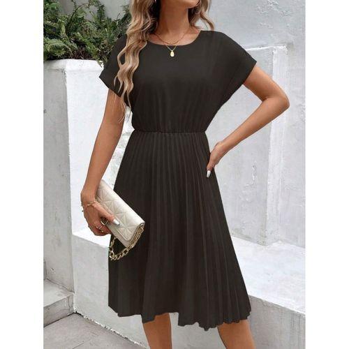 Kadın Kısa Kollu Yakası Açık Belden Lastikli Pileli Kısa Ithal Krep Elbise