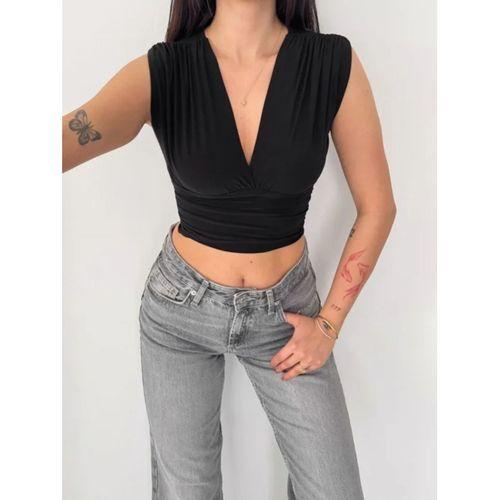 Vatkalı Kolsuz V Yaka Drapeli Crop Bluz Likralı Fit - Siyah