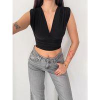 Vatkalı Kolsuz V Yaka Drapeli Crop Bluz Likralı Fit - Siyah