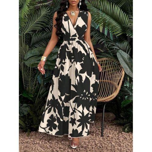 Kadın Askılı Kruvaze Yakalı çiçek Desenli Uzun Süprem Elbise