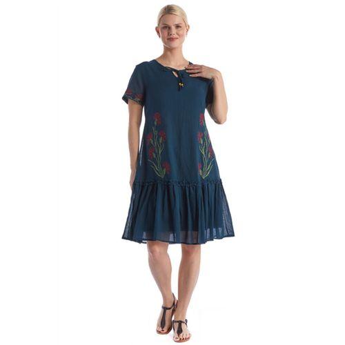 Kısa Kol Petrol Bağcıklı V Yaka Nakışlı Yazlık Vual Kısa Elbise