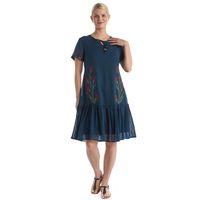 Kısa Kol Petrol Bağcıklı V Yaka Nakışlı Yazlık Vual Kısa Elbise