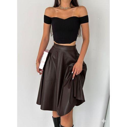 Kadın Yüksel Bel Deri Kloş Etek