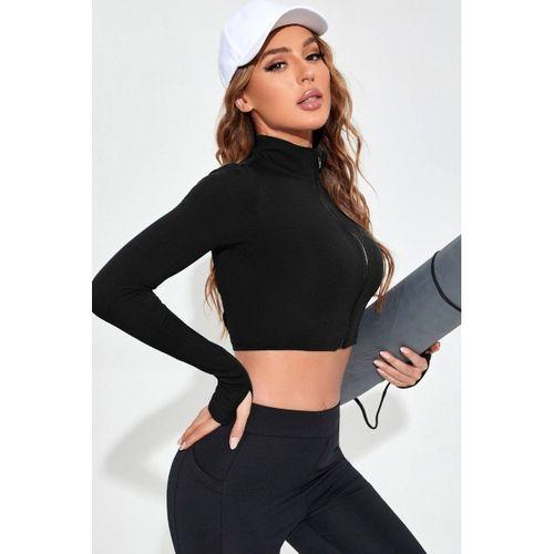 Kadın Siyah Uzun Kol Fermuarlı Parmak Geçme Detaylı Dik Yaka Crop Top Bluz