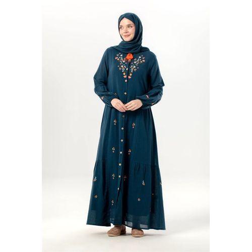 Uzun Kol Ala Nakışlı Püskül Bağcıklı Hakim Yaka Yazlık Şile Bezi Uzun Elbise Petrol Ptrl