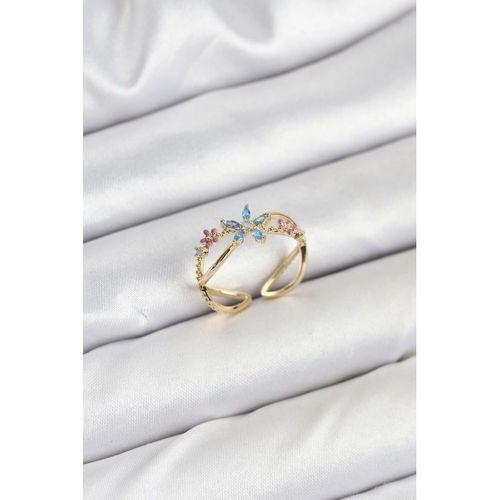 Pirinç Gold Renk Zirkon Taşlı Mavi Çiçekli Kadın Yüzük