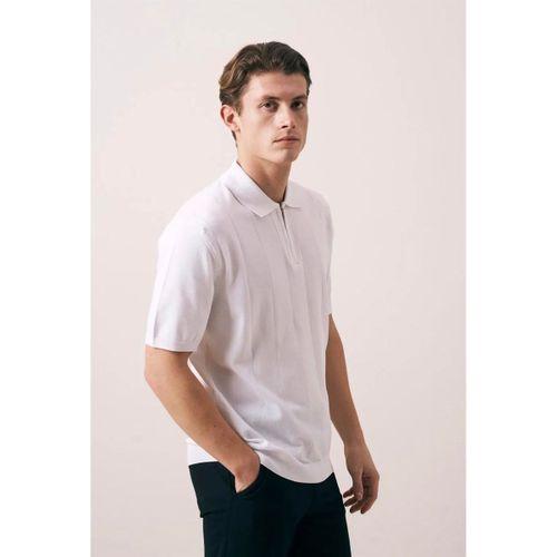 Ritchie Fermuarlı Polo Yaka Dikey Çizgili Kısa Kollu İnce Triko Erkek T-Shirt - Ekru