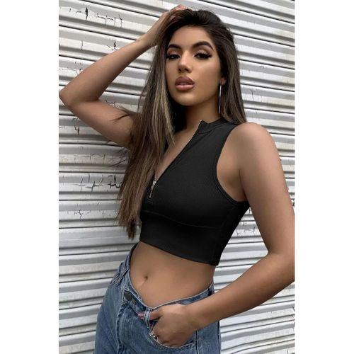 Kadın Siyah Yarım Fermuarlı Sıfır Kol Crop Top Bluz