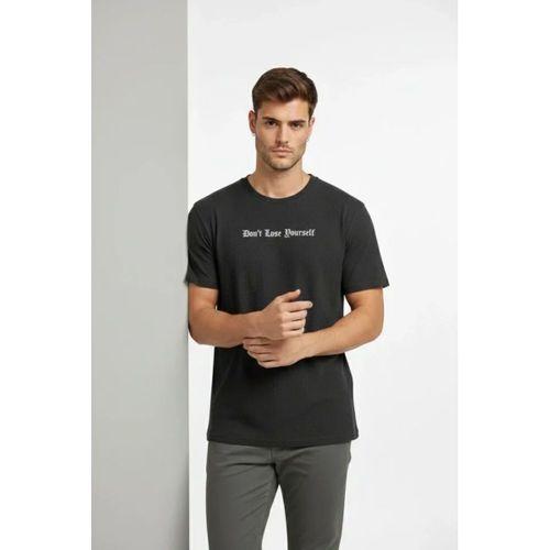 Erkek Wafıl Kumaş Tişört Regular Kalıp Bisiklet Yaka Baskılı Günlük Basic T-Shirt - Siyah