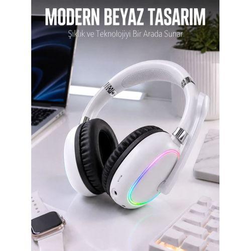 Kablosuz Bluetooth Mikrofonlu Beyaz Kulaklık  Rgb Işıklı