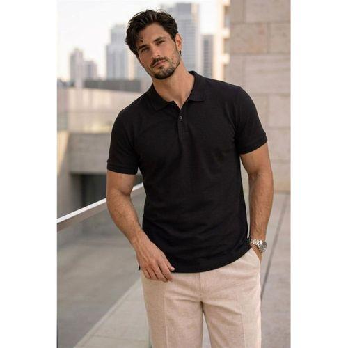 Orlando Polo Yaka Pike Kumaş Relaxed Fit Basic Düğmeli Relaxed Fit Erkek T-Shirt - Siyah