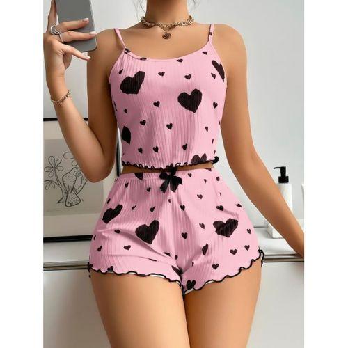 Pamuklu Pembe Üstüne Siyah Kalp Desenli Askılı Fitilli Şortlu Pijama Takımı