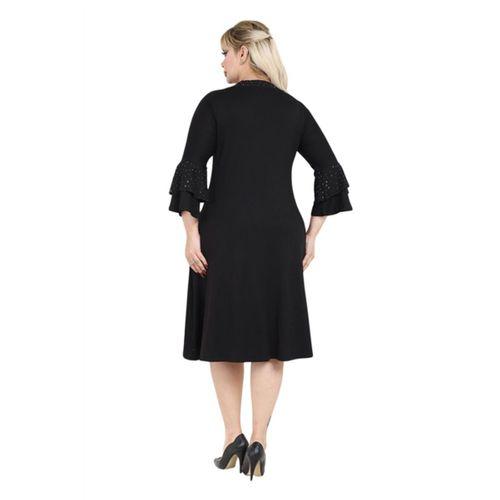 Melsay Butik Taş Baskılı Fularlı Siyah Truvakar Kol Kadın Midi Elbise