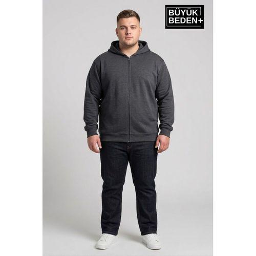 Erkek Büyük Beden Fermuarlı Kapüşonlu ince Sweatshirt Hırka - Rahat Kalıp SPR26BHR960