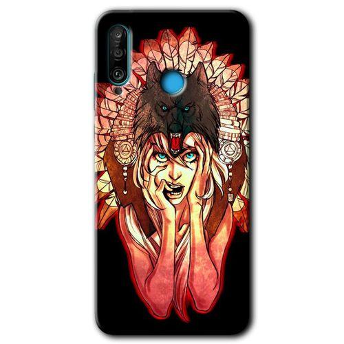 MRCİLETİSİM Huawei P30 Lite Kılıf Baskılı Kapak - Kurt Kız + 5D Tam Kaplayan Cam