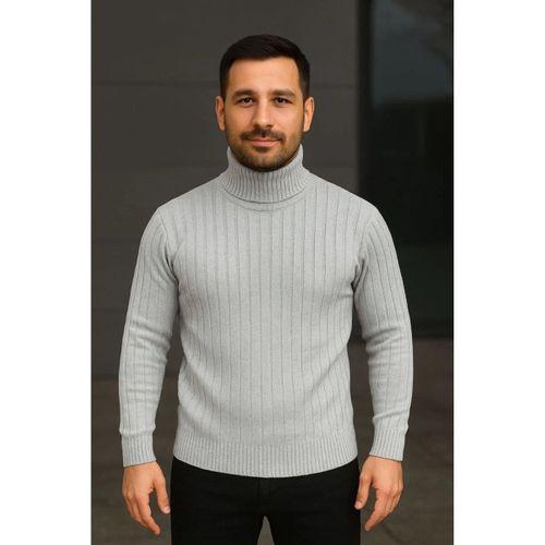 Erkek Balıkcı Yaka Bağazlı Triko Kazak Pamuklu Kalın Fitilli Dokuma, Regular Fit Uzun Kollu Kışlık Model - Gri
