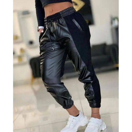 Kadın Yüksek Bel Lastikli Cepli Deri Detaylı Dalgıç Pantolon