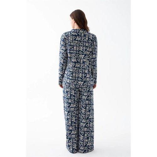 Kadın Lacivert “paris” Yazı Desenli Düğmeli Pamuklu Pijama Takımı