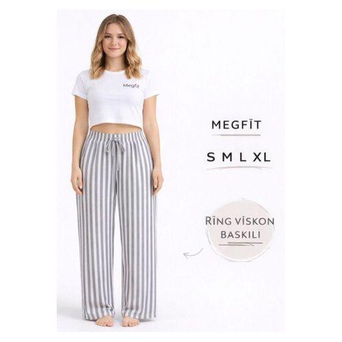 Viskon Pamuklu Kadın Açık Gri Çizgili Pijama Pantolon - Mg006 -