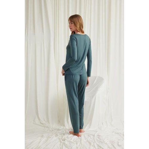 Yakası Omzu Ve Paçası Dantelli Boydan Düğmeli Pijama Takımı