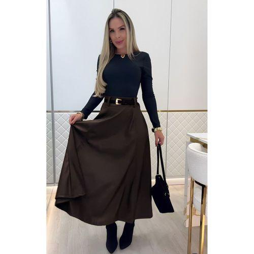Kadın Yüksek Belli Maxi Deri Kemersiz Etek
