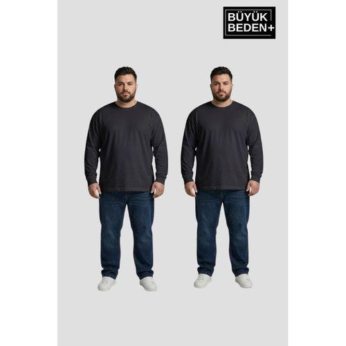 Erkek Büyük Beden 2 li Set Uzun Kollu 2 İplik Bisiklet Yaka Tişört SPR26BEA942+2