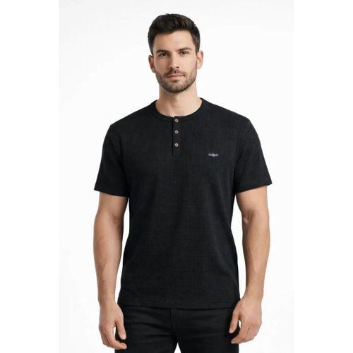 Erkek Waffle Dokulu Likralı Henley Yaka Düğmeli Regular Fit Kısa Kollu T-Shirt - Siyah