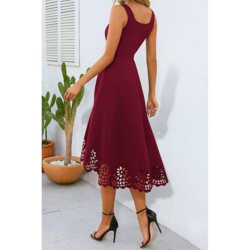 Kadın Askılı Geometrik Yaka çiçek Lazer Kesim Ithal Krep Elbise