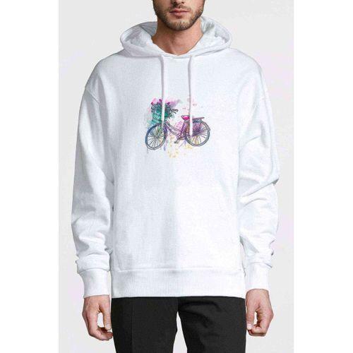 Bisiklet Sulu Boya Baskılı Beyaz Erkek Kapşonlu Sweatshirt