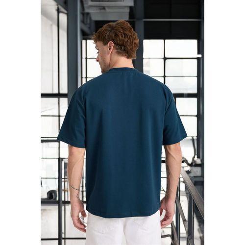 İki İplik Kumaş Pamuklu Bisiklet Yaka Basic Oversize Erkek T-Shirt - Prusya Mavisi