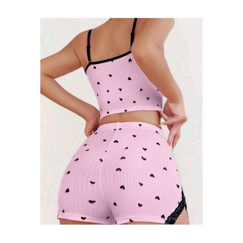 Pembe Kalp Desenli Askılı Şortlu Pijama Takım