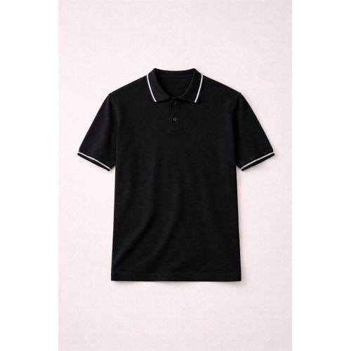 Austen Kontrast Biyeli Düğmeli Polo Yaka Kısa Kollu İnce Triko Erkek T-Shirt - Siyah