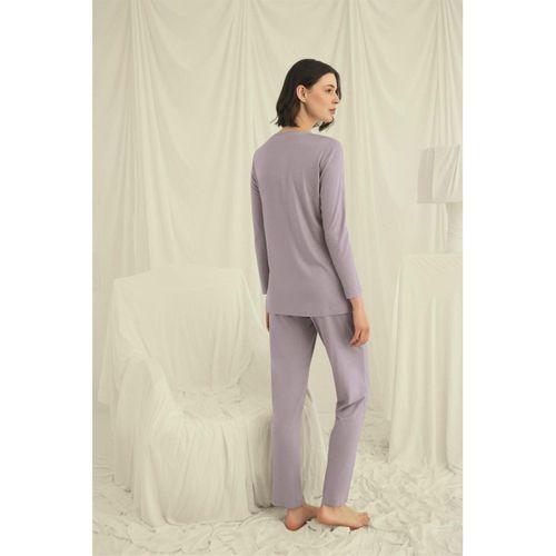 Uzun Kollu Düğmeli V Yaka Pijama Takımı