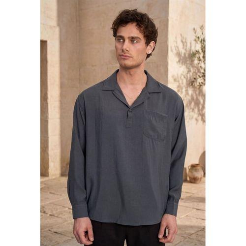 Sartre Apaş Yaka Tek Cepli İnce Modal Kumaş Oversize Uzun Kollu Yazlık Gömlek - Füme