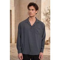 Sartre Apaş Yaka Tek Cepli İnce Modal Kumaş Oversize Uzun Kollu Yazlık Gömlek - Füme